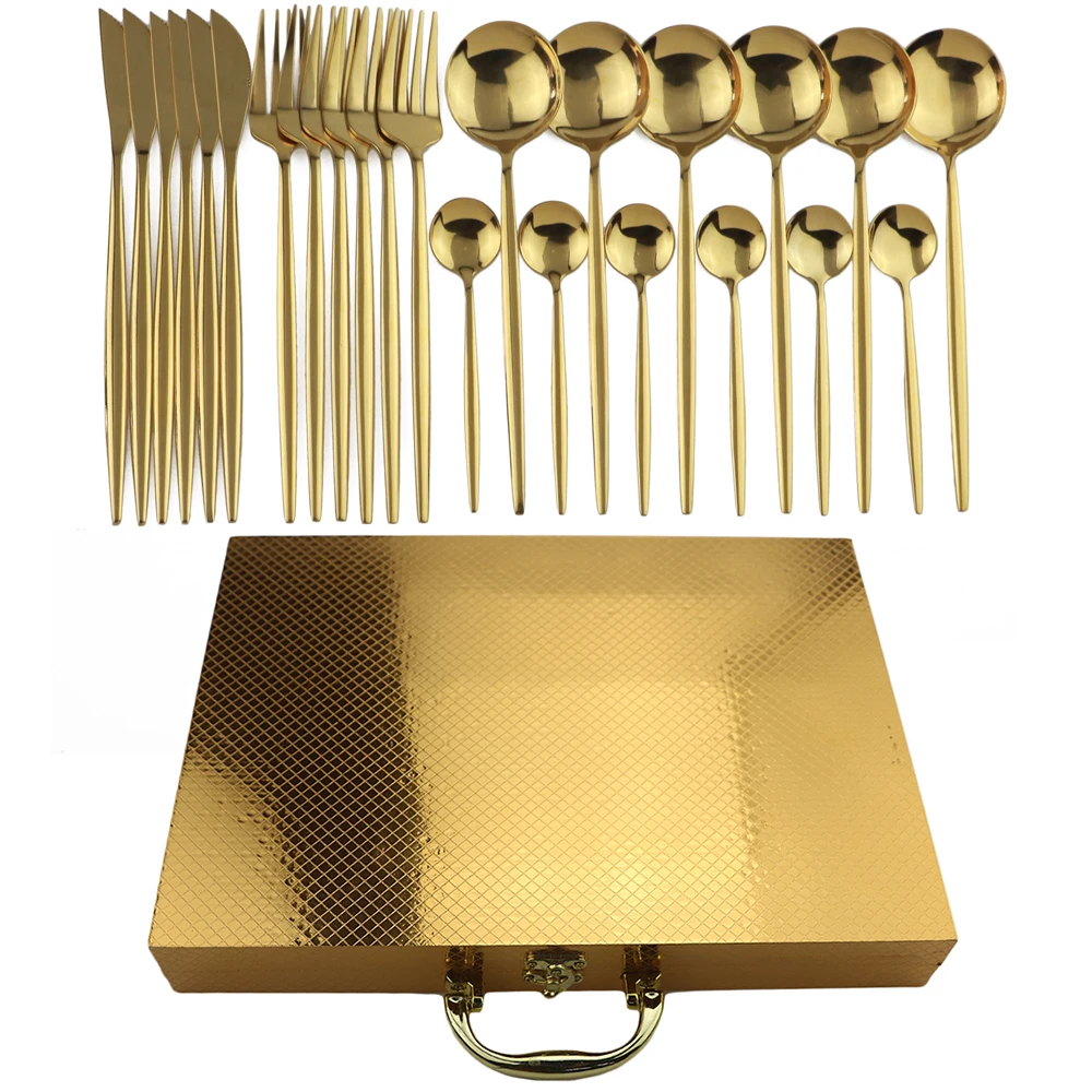 24pcs Gold Dinnerware Set 304 Stainless Steel Cutlery Rainbow Dinner Set Knife Fork Spoon Silverware Tableware Set With Gift Box
24pcs Gold Dinnerware Set 304 Stainless Steel Cutlery Rainbow Dinner Set Knife Fork Spoon Silverware Tableware Set With Gift Box