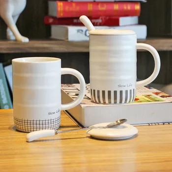 

Nordic Ins Minimalist Ceramic Mug Creative Embossed Coffee Cup with Lid Scoop Large Capacity Tea Juice Mugs Office Drinking Cups