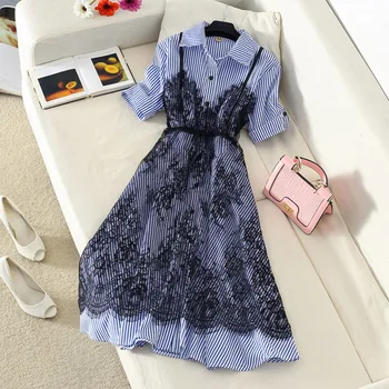 summer new women sets two pieces lace black see through dresses and v-neck striped shirts lady elegant skirts suits top quality
summer new women sets two pieces lace black see through dresses and v-neck striped shirts lady elegant skirts suits top quality