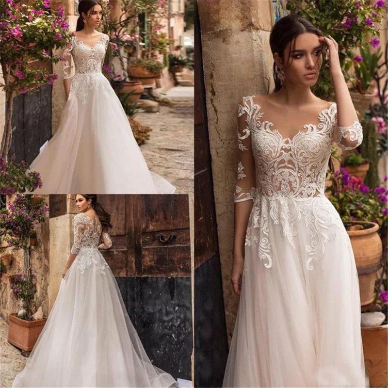 

White Ivory Wedding Dresses Covered Button Back Bridal Gowns Lace Appliqued 3/4 Sleeve A Line Tulle Wedding Dress Vestido De-in