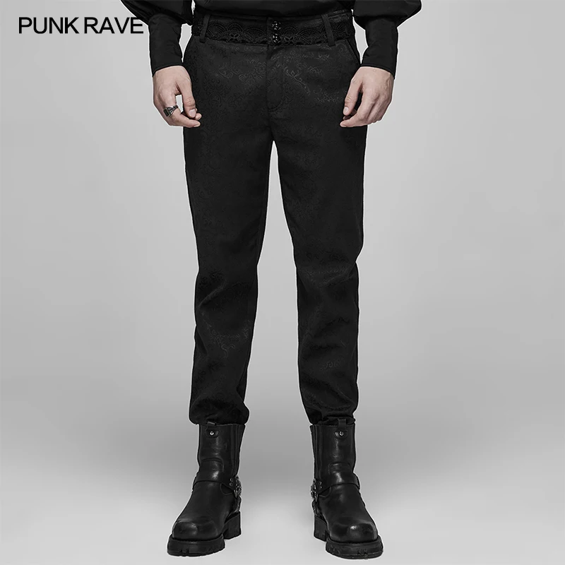 

PUNK RAVE Men's Gothic Dark Jacquard Blood Pants Waist Delicate Lace Party Dinner Club Wedding Black Trousers Men