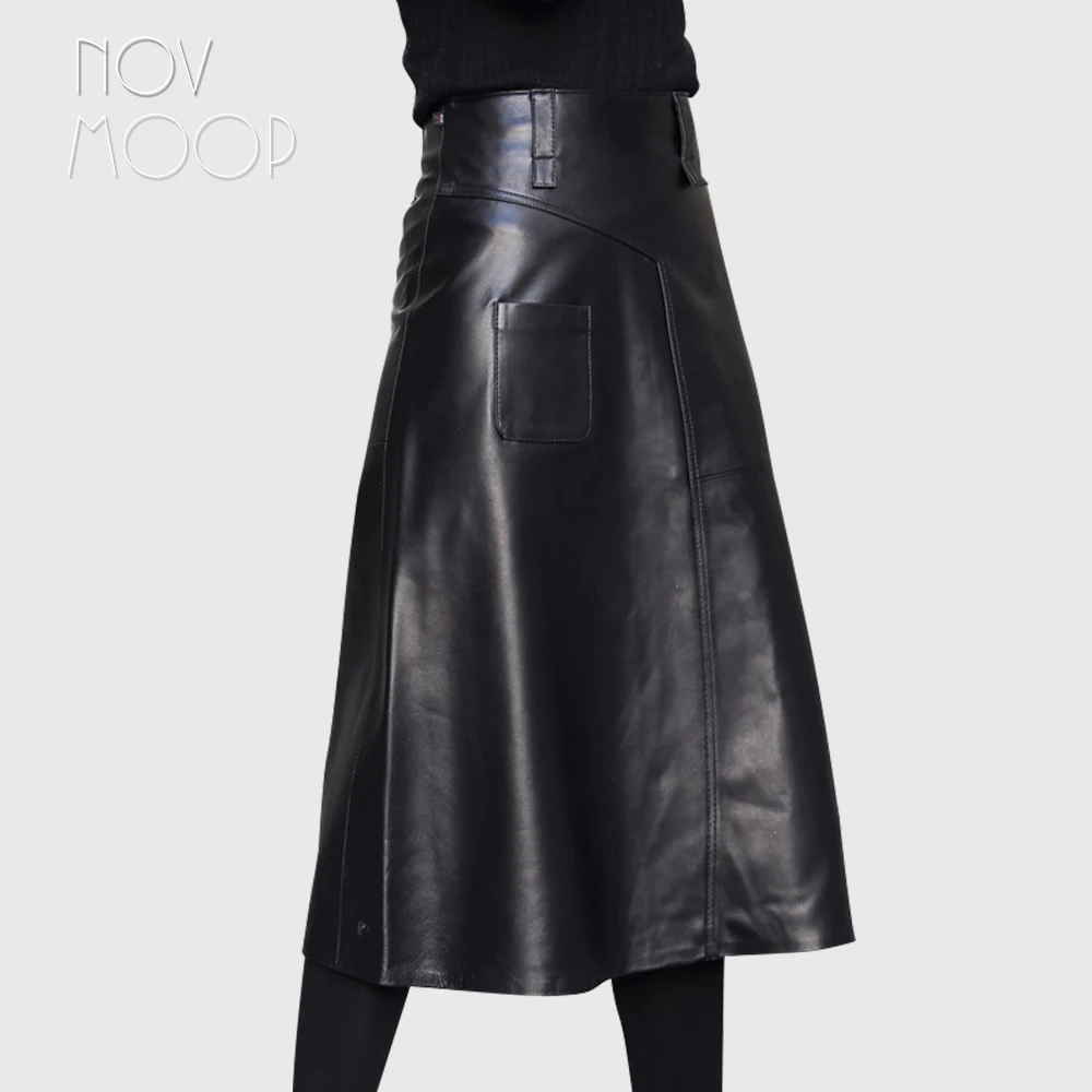 

Novmoop sheepskin genuine leather women flare hem half calf length skirt graceful elegant style Jupe en cuir français LT3360
