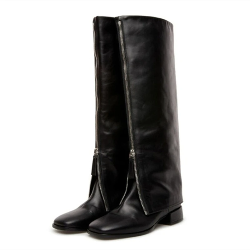 Front Zipper Overlay Black Boots Low Square Heel Women's Knee High Boots Genuine Leather Upper Daily Leisure Size 10.5
Front Zipper Overlay Black Boots Low Square Heel Women's Knee High Boots Genuine Leather Upper Daily Leisure Size 10.5