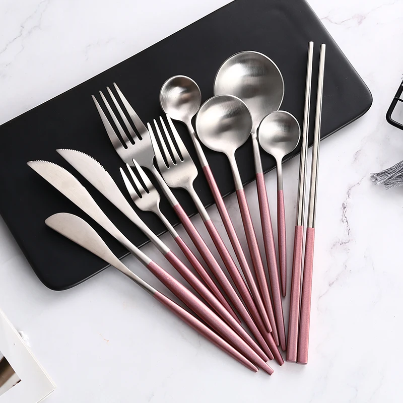 Pink Silver Stainless Steel Western Tableware Steak Knife Fork Coffee Spoon Teaspoon Butter Knives Chopstick Gold Cutlery Set
Pink Silver Stainless Steel Western Tableware Steak Knife Fork Coffee Spoon Teaspoon Butter Knives Chopstick Gold Cutlery Set
