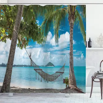 Beach Hammock Decor Collection, Palm Trees Romantic Resort Tropical Weather Cloudy Summer Sky Print, Polyester Fabric Bathroom 
Beach Hammock Decor Collection, Palm Trees Romantic Resort Tropical Weather Cloudy Summer Sky Print, Polyester Fabric Bathroom
