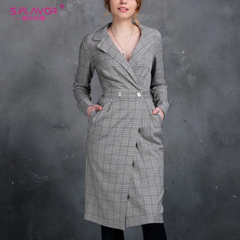 S. FLAVOR женское элегантное клетчатое платье Блейзер Осень Зима офисное до колена с