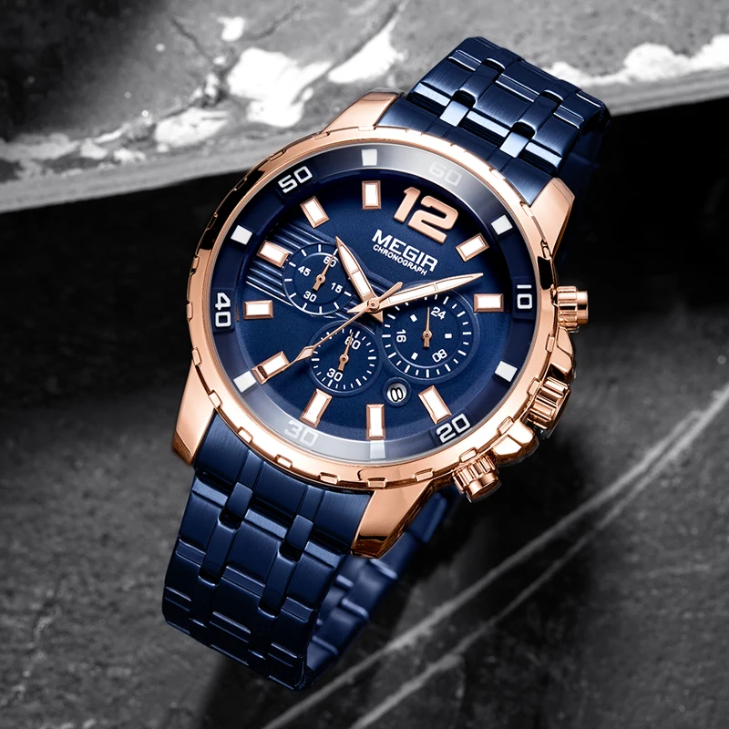 

MEGIR Men's Chronograph Quartz Watches Blue Stainless Steel Analogue Wristwatch for Man 24-hour Display Waterproof Luminous