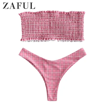 

ZAFUL Sexy Swimwear Beach Suit Frilled Smocked Bandeau Bikini Set Bathing Suit Strapless Padded Women Swimsuit Beach Wear