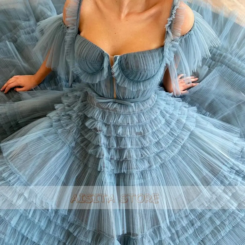 Элегантные Синие трапециевидные платья для выпускного милое Плиссированное Многоярусное Тюлевое официальное вечернее праздничное платье Индивидуальный Пошив 
Элегантные Синие трапециевидные платья для выпускного милое Плиссированное Многоярусное Тюлевое официальное вечернее праздничное платье Индивидуальный Пошив