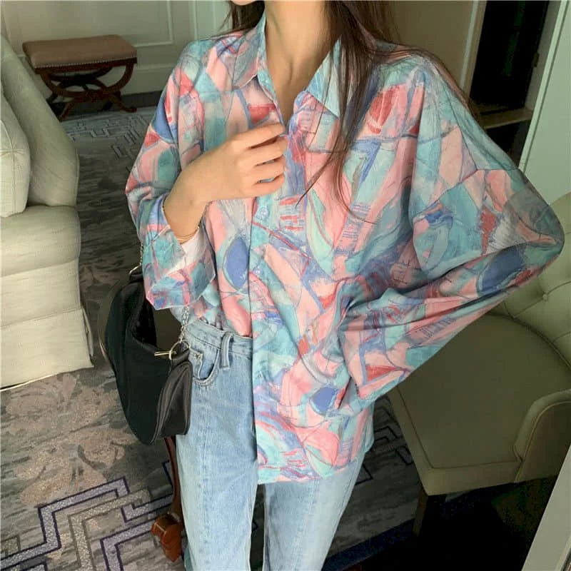 Long-sleeved blouse female design niche Korean loose wild shirt autumn fat sister 100kg plus size women clothing trend colorful | Женская