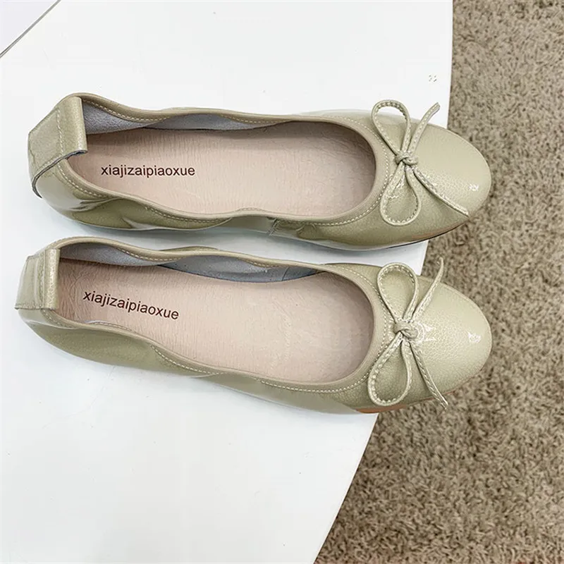 Fashion Bowtie Round Toe Women Ballet Flats Shoes Genuine Leather Women Shoes Loafers Soft Comfortable Flats Lady Shoes Big Size (14)