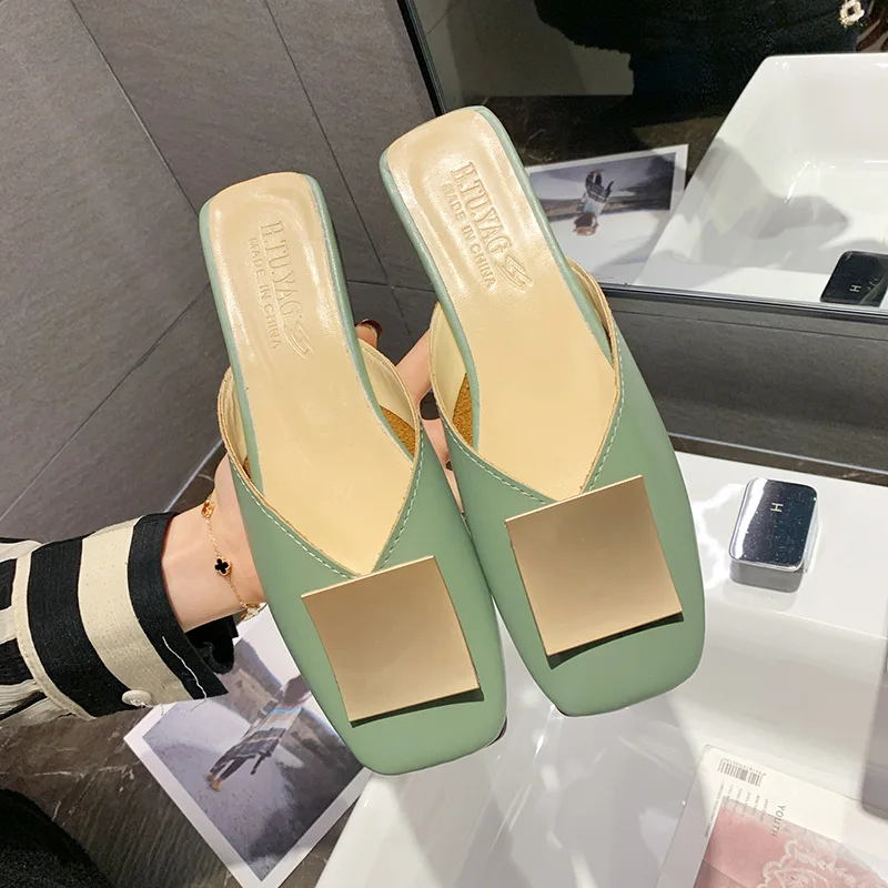 

Pop Spring New Metal Square Buckle Nice Casual Shoes Thick Low Heel Slippers Women Shoes Woman Mules Solid Leather Slides