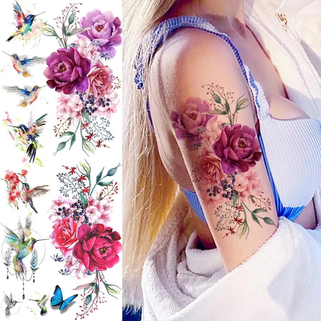 Фото 3D Watercolor Rose Peony Flower Temporary Tattoos For Women Adult Hummingbird Realistic Fake Tattoo Sexy Half Sleeve Tatoo Decal | Красота и