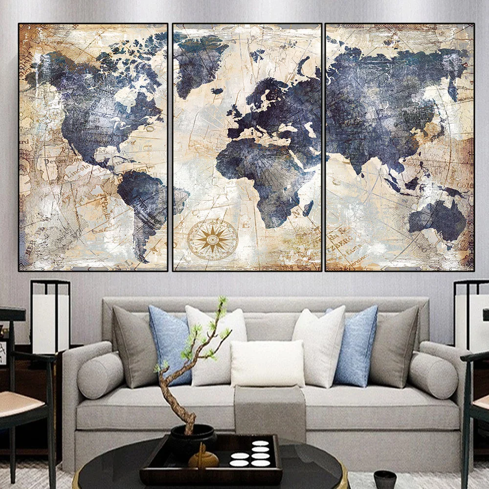 

3pcs World Map Vintage Scandinavia Posters HD Print Canvas Wall Art Pictures Paintings Modular Home Decor Living Room Decoration