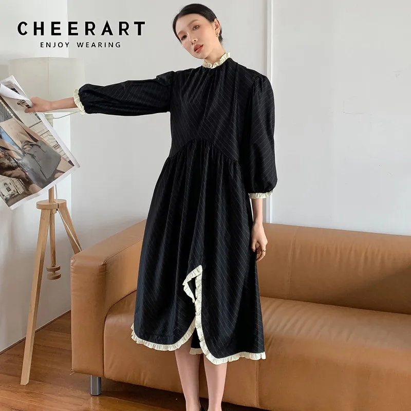

CHEERART осень 2020, Полосатое длинное платье с оборками, женское асимметричное платье с длинным рукавом, винтажная японская одежда