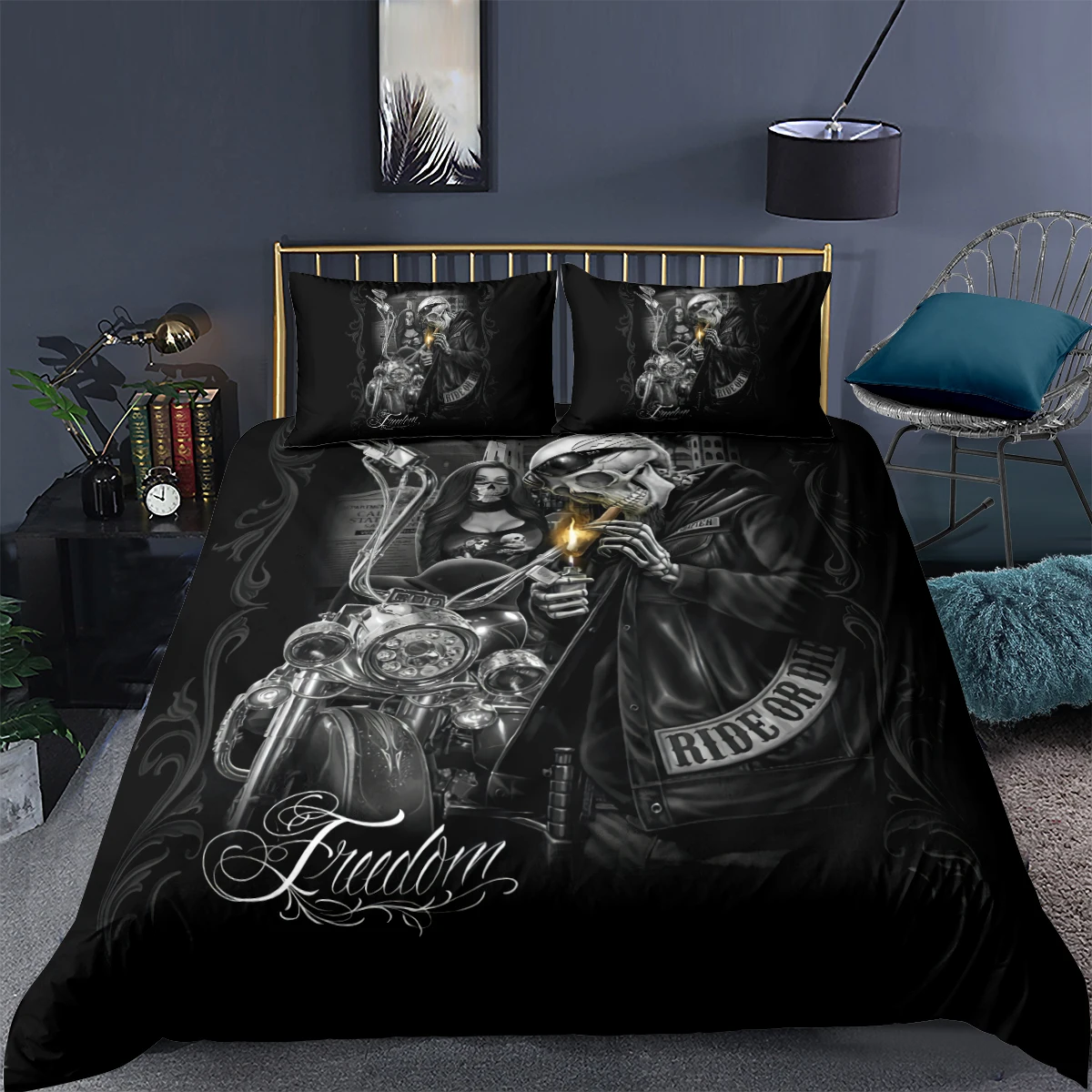 

3D Black Duvet Cover Sets Skull Comforter Cases Pillow Covers King Queen Single Twin Size 180*210cm Love the Skeleton Beddings