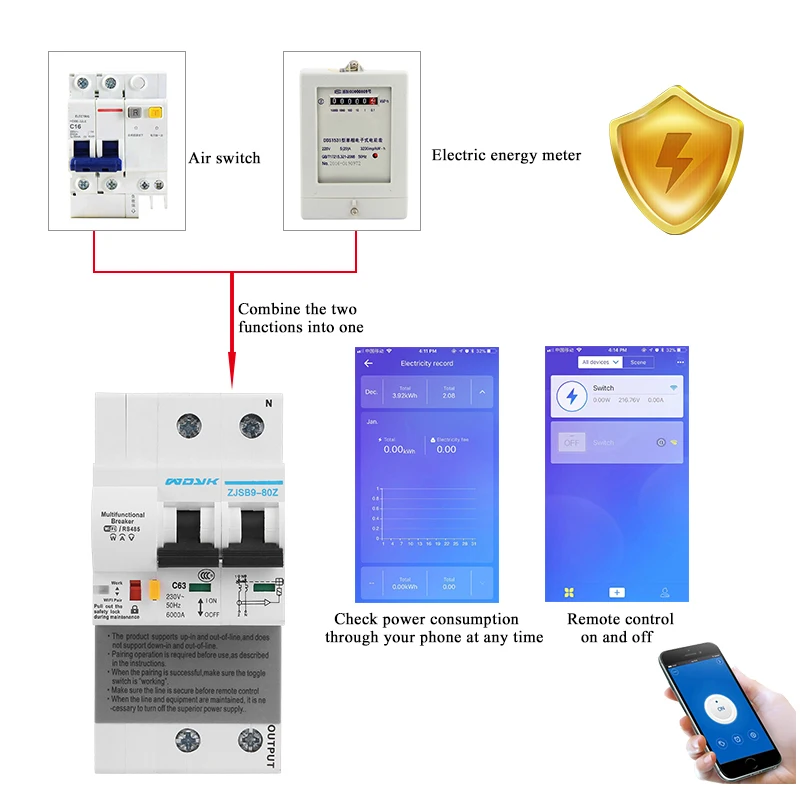2P WiFi Smart Circuit Breaker with Energy monitoring and meter function with Alexa and Google home for Smat Home RS485
2P WiFi Smart Circuit Breaker with Energy monitoring and meter function with Alexa and Google home for Smat Home RS485