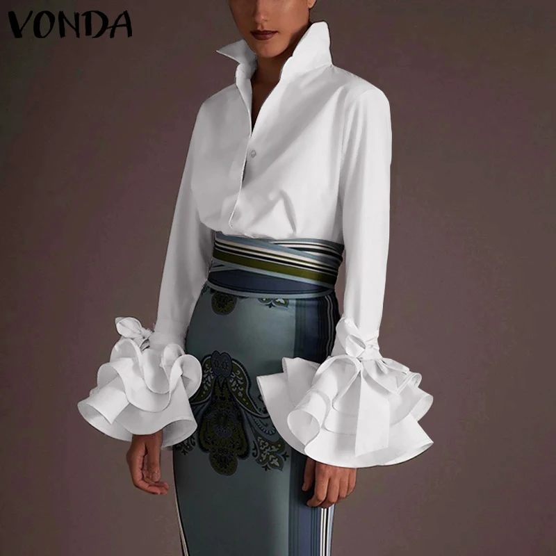 Элегантные рубашки VONDA 2021 женские сексуальные топы с отложным воротником и