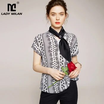 100% Silk Women's Shirt V Neck Short Sleeves Bow Detailing Printed Fashion Pullover Shirt Blouse 
100% Silk Women's Shirt V Neck Short Sleeves Bow Detailing Printed Fashion Pullover Shirt Blouse