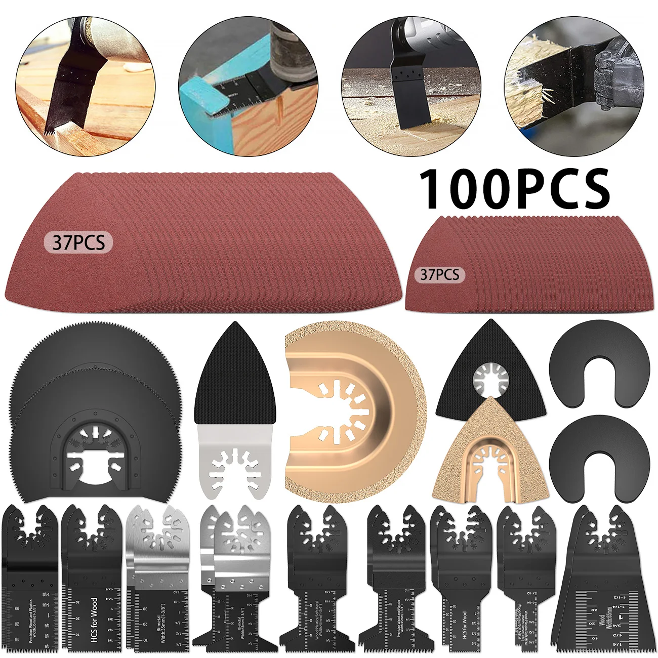 100pcs Multitool Blades Set Oscillating Blades Quick Release Saw Blade Kit for Metal Wood and Plastic Cutting Tool Accessory
100pcs Multitool Blades Set Oscillating Blades Quick Release Saw Blade Kit for Metal Wood and Plastic Cutting Tool Accessory