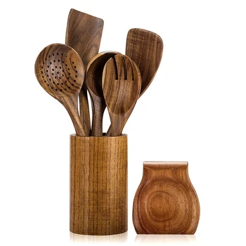 Wooden Tableware with Stand Non-Stick Teak Spoon and Spoon Holder Kitchen Cookware Handmade Tableware Durable Tools 
Wooden Tableware with Stand Non-Stick Teak Spoon and Spoon Holder Kitchen Cookware Handmade Tableware Durable Tools