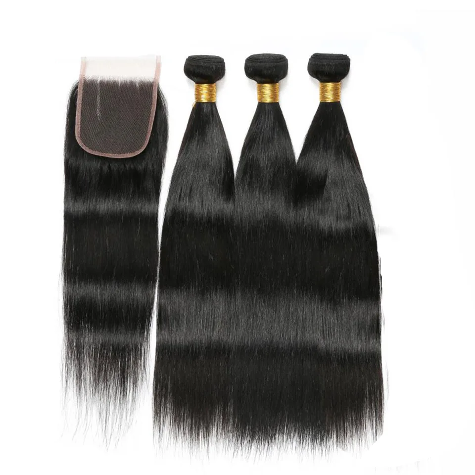 Фото Straight Human Hair Bundles With Closure Brazilian 3 150% Density 4x4 Lace Wig Natural Black |