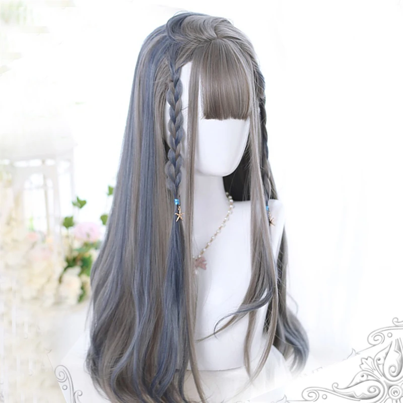 

Cosplaysalon 65CM Lolita Grey Mixed Blue Ombre Long Wavy Bangs Halloween Cute Party Synthetic Cosplay Wig