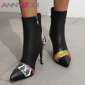 

ANNYMOLI Snake Print Super High Heel Boots Lady Ankle Boots Women Shoes Pointed Toe Stiletto Heels Zipper Short Boots Winter 46