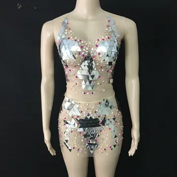 Colorful Pearls Rhinestones Mesh Outfit See Through Dance Wear Mirrors Outfit Nightclub Singer Silver Sequins Top Skirt 
Colorful Pearls Rhinestones Mesh Outfit See Through Dance Wear Mirrors Outfit Nightclub Singer Silver Sequins Top Skirt