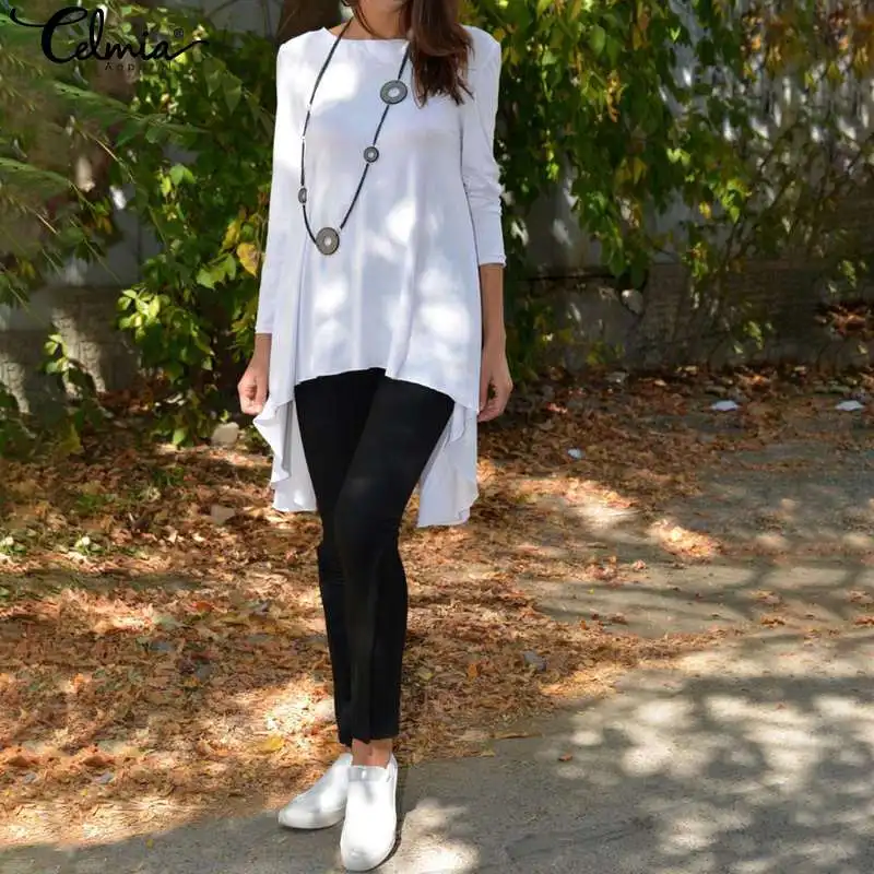 

2020 Spring Autumn Long Sleeve Shirts Celmia Women Fashion Blouses Casual Loose Tunic Tops Asymmetrical Pleated Blusas Plus Size