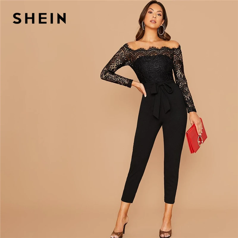 

SHEIN Black Off Shoulder Lace Bodice Self Belted Jumpsuit Women Autumn Solid High Waist Skinny Party Glamorous Jumpsuits