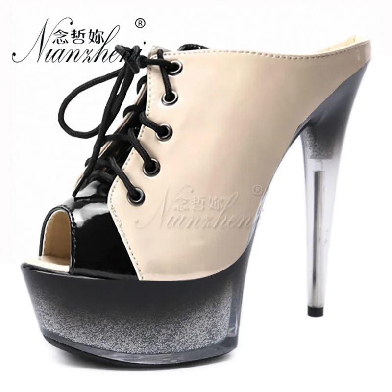 

15CM Super High heeled shoes Mature Sexy Mixed colors Thick platform Women Slippers Nightclub Pole dancing 6 inches Fetish Trend