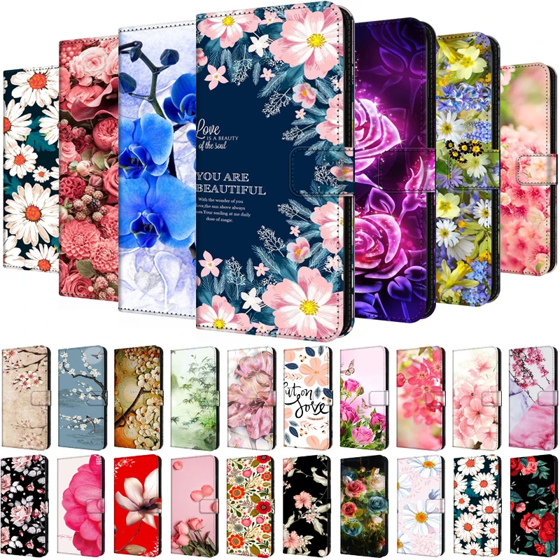 Кожаный чехол-книжка для Samsung Galaxy S8 S9 S10 Plus S10e с подставкой и магнитным цветком S8Plus