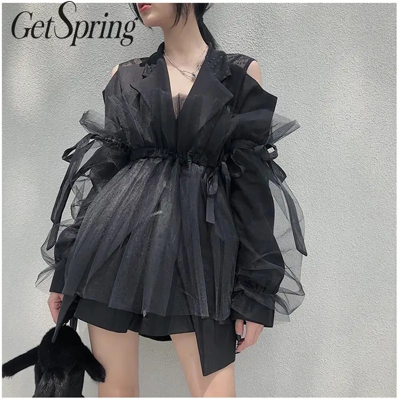 GetSpring Women Blazer Long Sleeve Single Button Ladies Black Blazer Detachable Mesh Spliced Ladies Coat Long Irregular Jacket
GetSpring Women Blazer Long Sleeve Single Button Ladies Black Blazer Detachable Mesh Spliced Ladies Coat Long Irregular Jacket