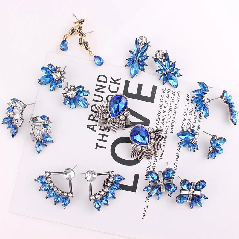Женские классические серьги-гвоздики 9 моделей голубой кристалл сплав цинка