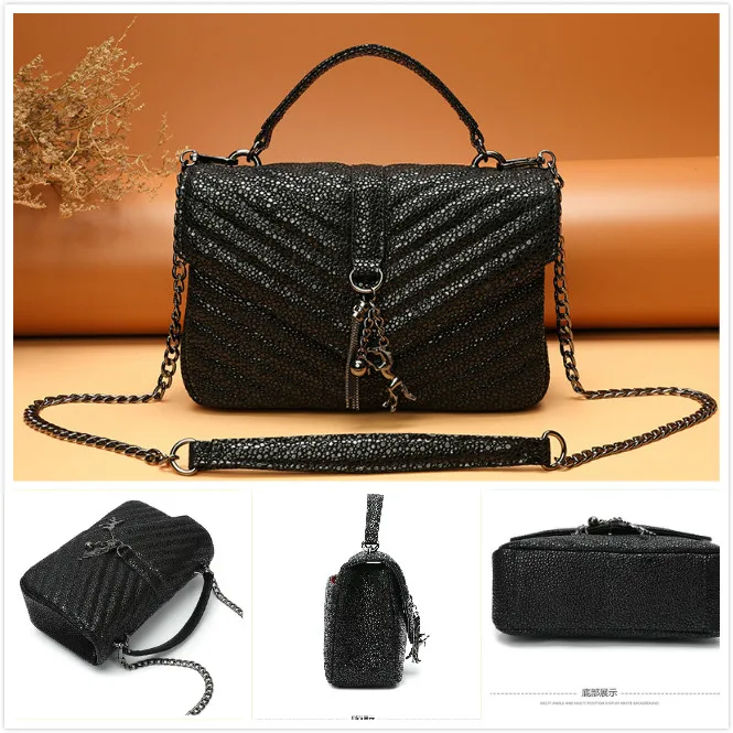

European new fashion trend chain shoulder bag caviar top layer cowhide diagonal high-grade leather hanging handbags