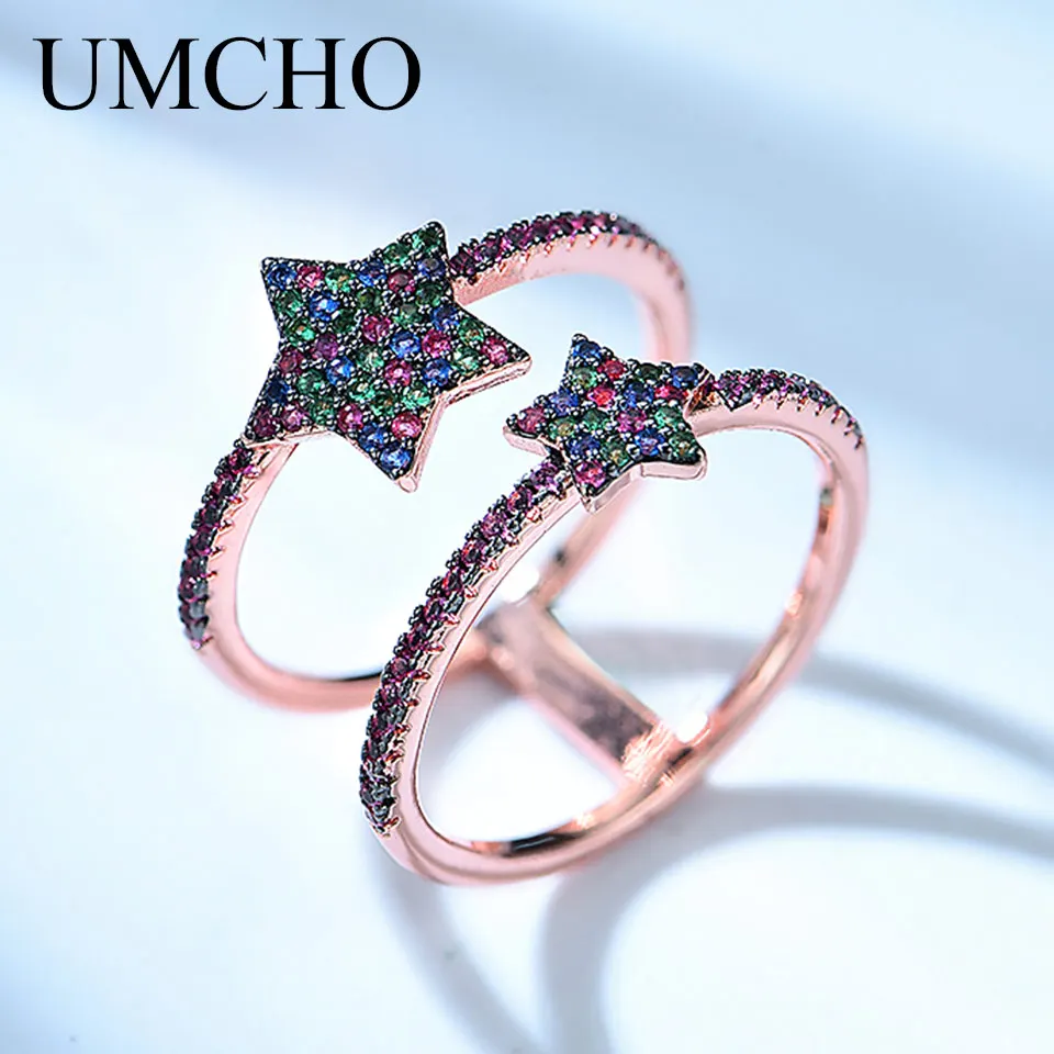 

UMCHO Pure 925 Sterling Silver Rings Double Circle Colorful Gemstone Star Cocktail Ring For Women Wedding Engagement Jewelry