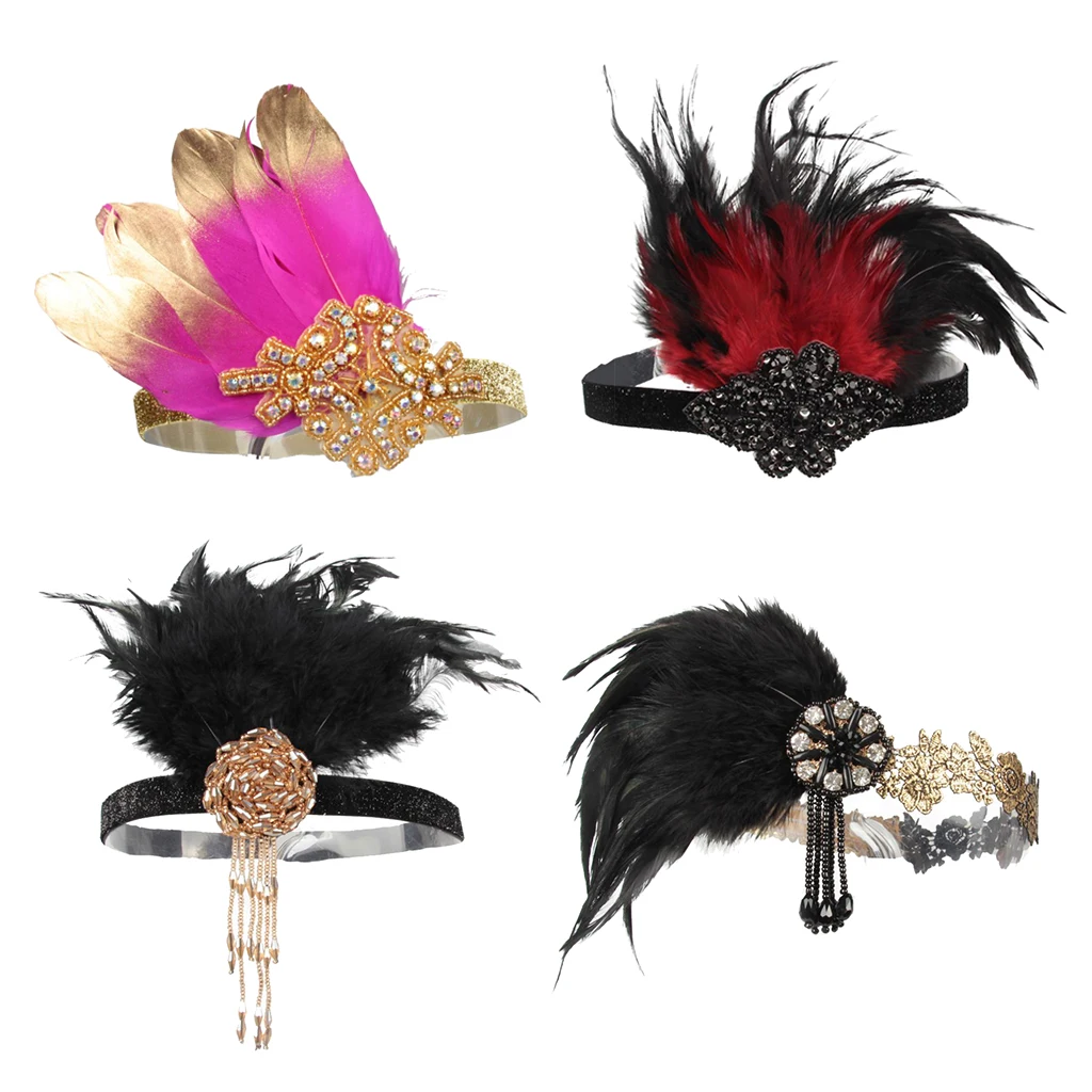 Women's Vintage Feather Headband, 20s Flapper Headband - Roaring 1920s Headpiece, Black/Red Women's Vintage Feather Headband, 20s Flapper Headband - Roaring 1920s Headpiece, Black/Red