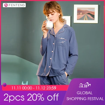 FENTENG Autumn Pajamas For Women Causal Solid Basic Pajamas Womens Cotton Lapel Full Sleeve Home Suit J98132435 
FENTENG Autumn Pajamas For Women Causal Solid Basic Pajamas Womens Cotton Lapel Full Sleeve Home Suit J98132435