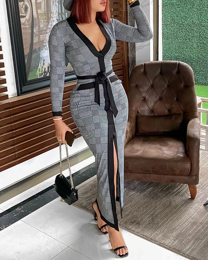 2020 Women Spring Autumn Elegant Colorblock Fit Bodycon OL Dress V Neck High Slit Plaid Long Sleeve Plunge Maxi Dress With Belt
2020 Women Spring Autumn Elegant Colorblock Fit Bodycon OL Dress V Neck High Slit Plaid Long Sleeve Plunge Maxi Dress With Belt