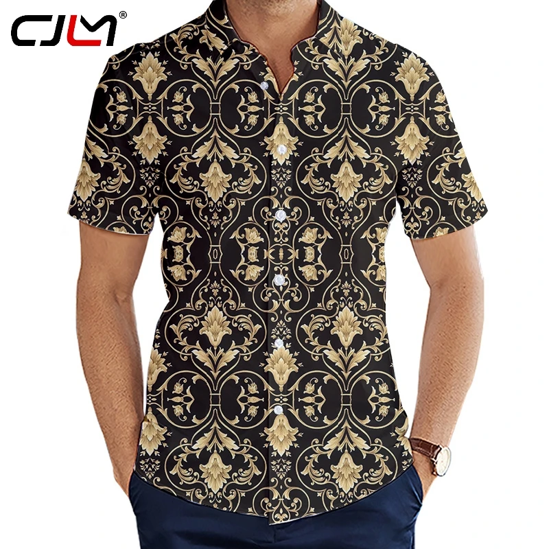 

CJLM Men's Fashion 3D Print luxurious Shirts Casual Button Short Sleeve Hawaiian Golden pattern Shirt Beach Party Shirts Tops