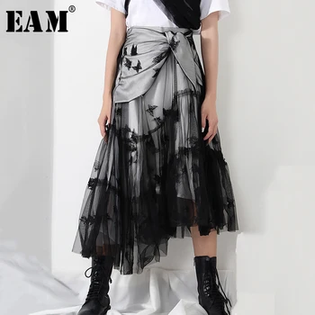 

[EAM] High Waist Black Knot Mesh Butterfly Split Joint Irregular Half-body Skirt Women Fashion Tide New Spring Autumn 2020 1Y416