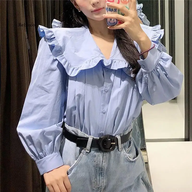 

Fashion Blue Peter Pan Collar Ruffled Blouses Women Long Sleeve Button-Up Female Shirts Casual Ladies Top Shirt