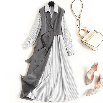 New 2020 spring women shirtdress long sleeve striped cotton shift dresses + sashes asymmetric long vest two piece set gray
New 2020 spring women shirtdress long sleeve striped cotton shift dresses + sashes asymmetric long vest two piece set gray