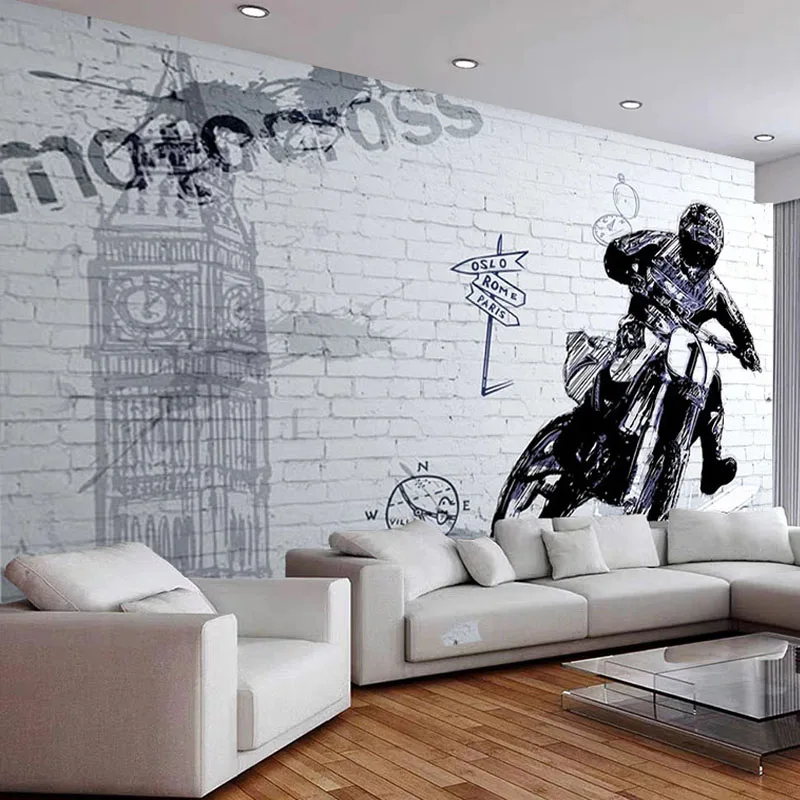 

Пользовательские 3D фрески ретро мотоцикл персонаж кирпичная стена фото обои Ресторан Кафе фон стены домашний Декор 3D фрески