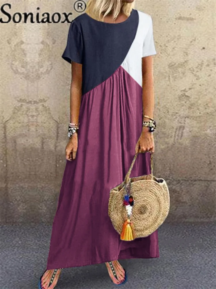 

Женское асимметричное платье-пуловер контрастных цветов с геометрическим рисунком, повседневное длинное платье-трапеция с коротким рукавом, 2021