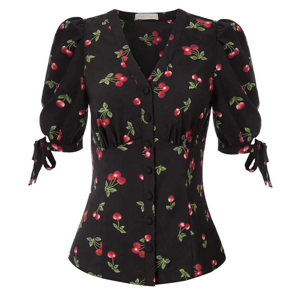 Belle Poque Women's Shirts Cherries Pattern Shirt Tops Summer Clothes Short Puff Sleeves V-Neck Button Placket Sweet Elegant New
Belle Poque Women's Shirts Cherries Pattern Shirt Tops Summer Clothes Short Puff Sleeves V-Neck Button Placket Sweet Elegant New