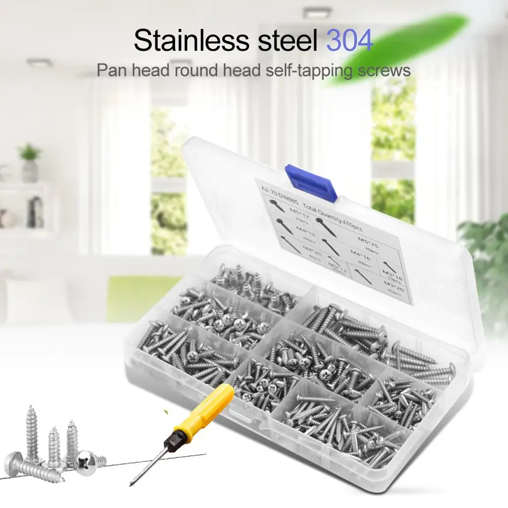 410pcs/set Stainless Steel Self-tapping Screws M3/M4/M5 Round Head Micro Screws Electronic Wood Screws with Box 178x98x23mm
410pcs/set Stainless Steel Self-tapping Screws M3/M4/M5 Round Head Micro Screws Electronic Wood Screws with Box 178x98x23mm