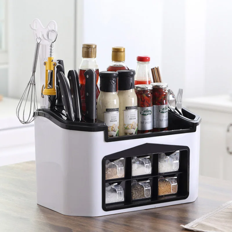 Multi-function kitchen storage rack Plastic seasoning box set Double-layer six-grid spice box combination knife holder
Multi-function kitchen storage rack Plastic seasoning box set Double-layer six-grid spice box combination knife holder