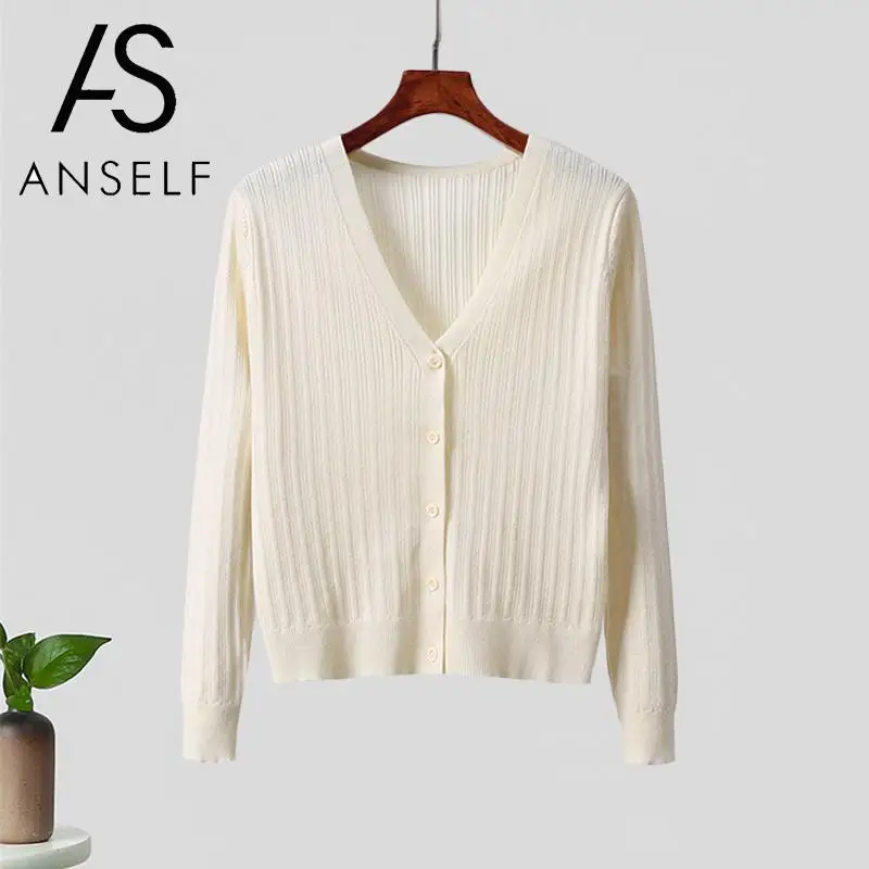 

ANSELF Long Sleeves Ribbed Sweater Women Knitted Cardigan Coat Solid Buttoned Front V Neck Autumn Spring Sweater Knitting Tunics